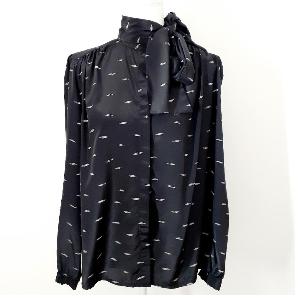 Vintage Black and White Bow Tie Neck Blouse